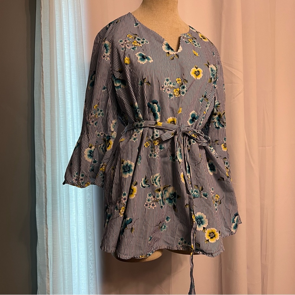 Tacera Maternity Tunic Top Women’s Size L Floral Striped ¾ Bell Sleeves Blouse
